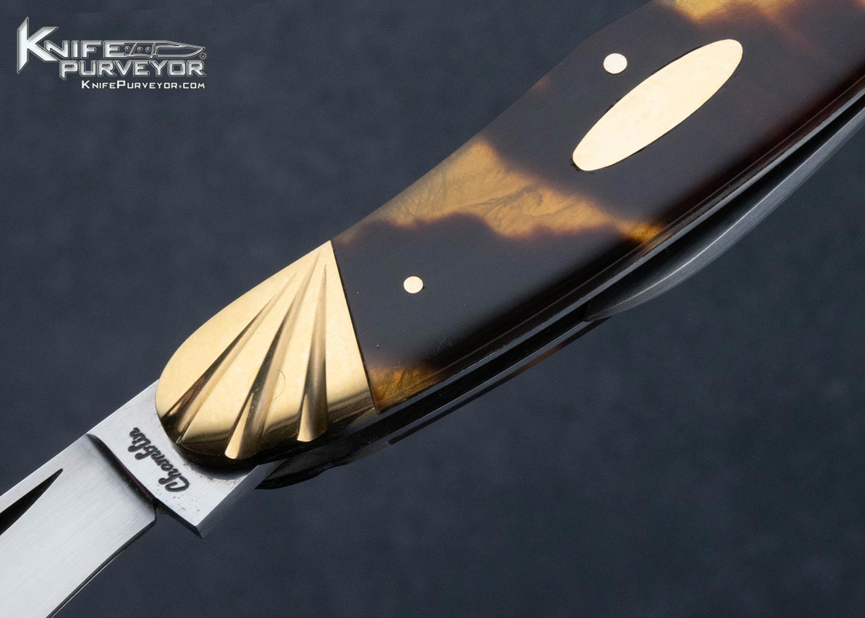 Joel Chamblin Custom Knife 14Kt Gold and Amber 2 Blade Slip Joint - Image 2