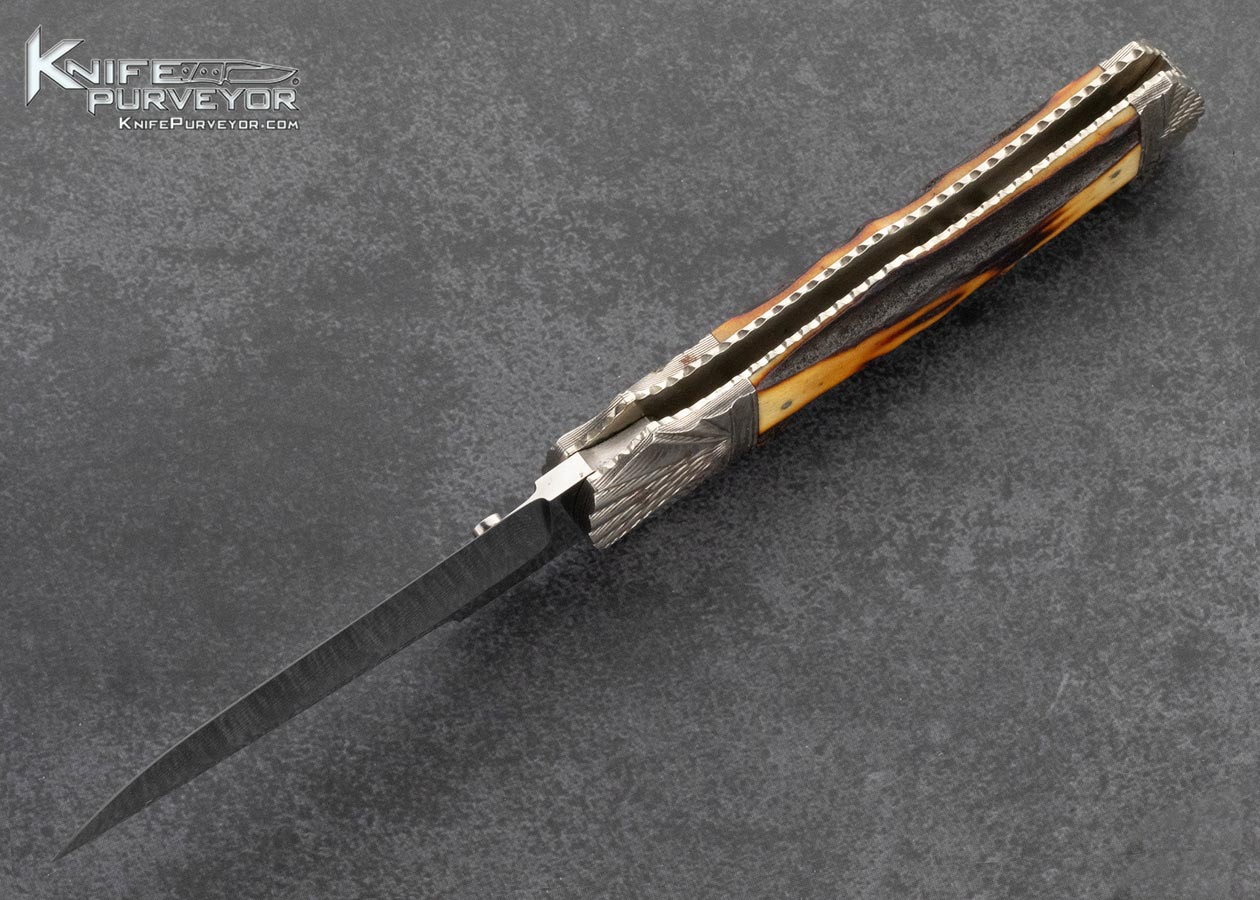 Ken Steigerwalt Custom Knife Scalloped Damascus and Amber Stag Front Lock - Image 5