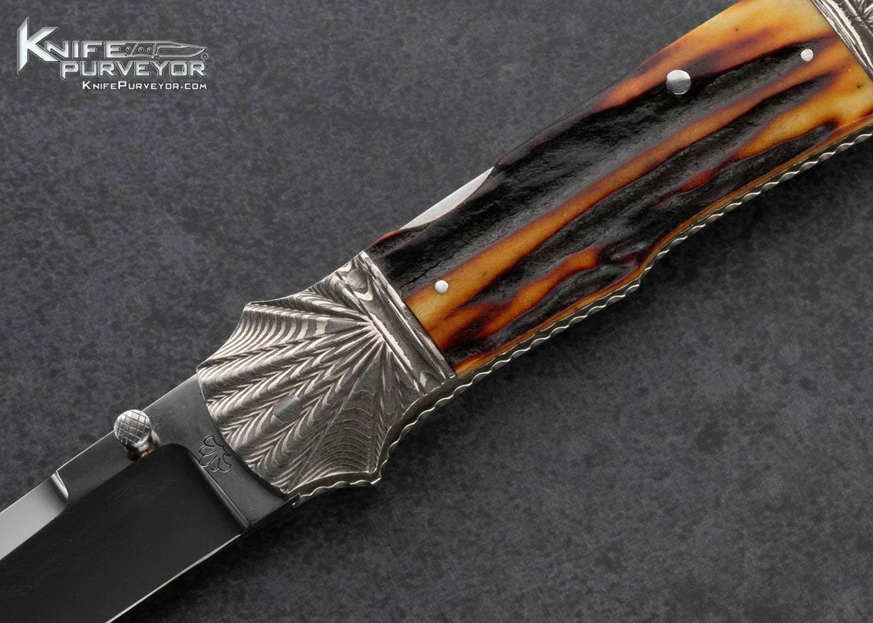 Ken Steigerwalt Custom Knife Scalloped Damascus and Amber Stag Front Lock - Image 2