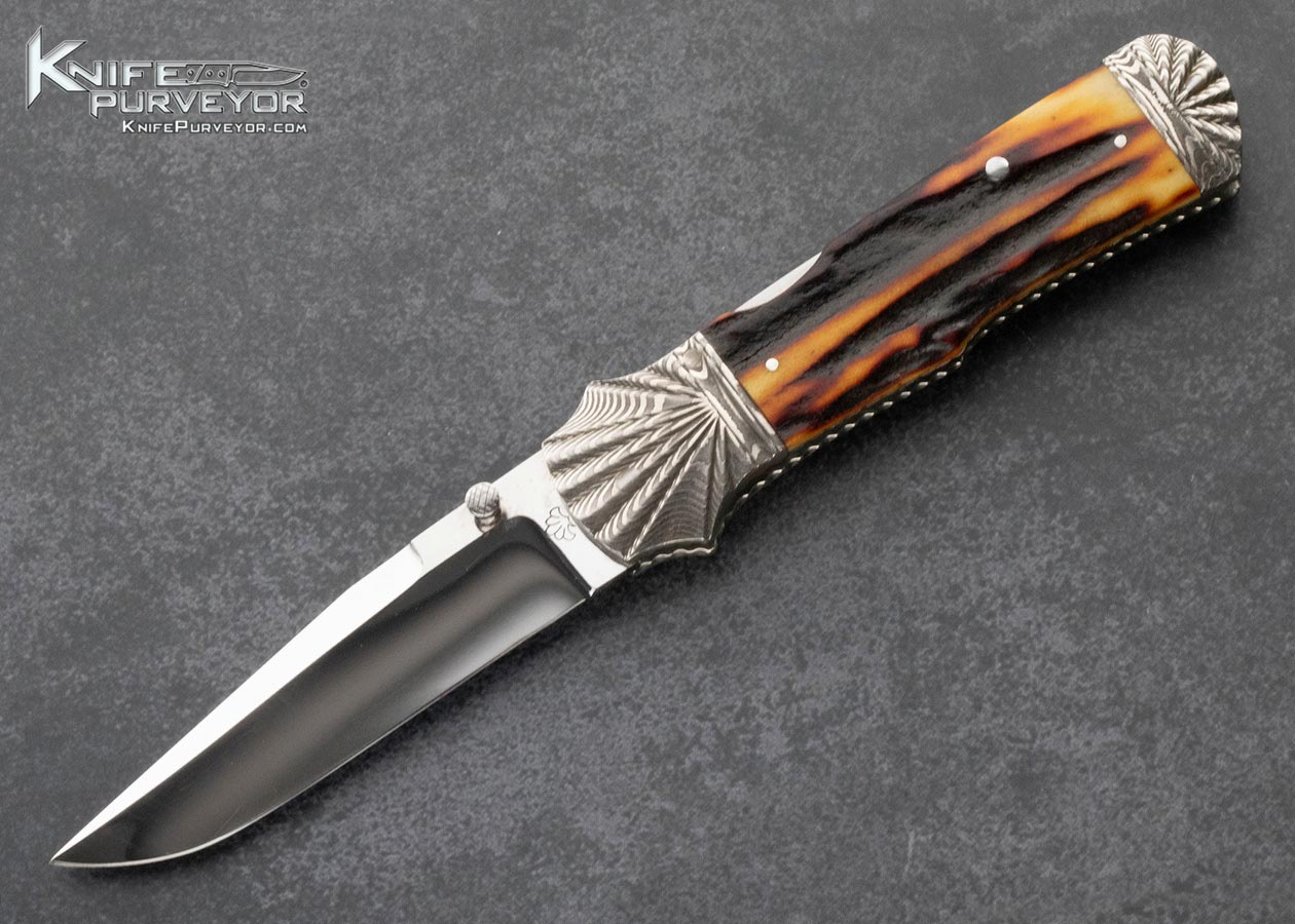 Ken Steigerwalt Custom Knife Scalloped Damascus and Amber Stag Front Lock 15424