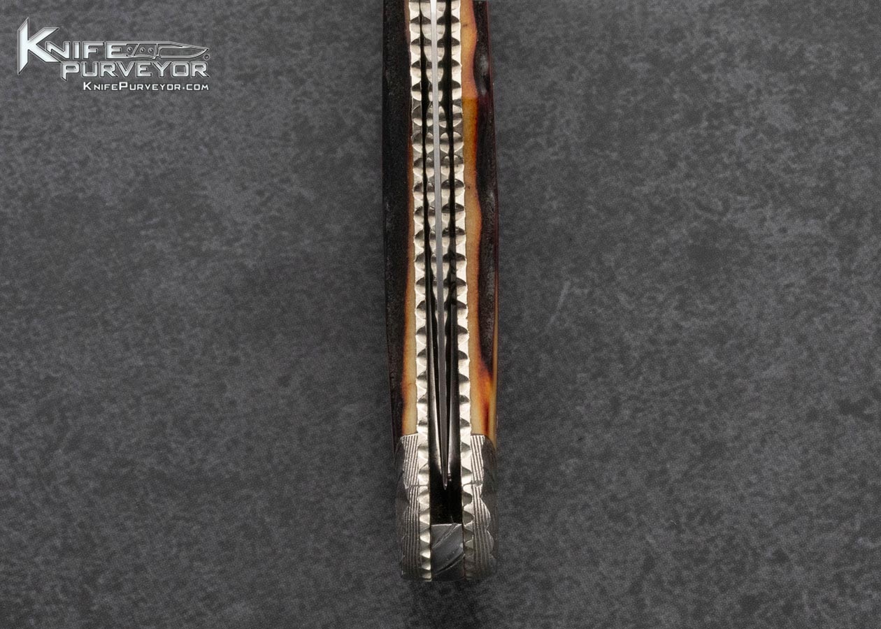 Ken Steigerwalt Custom Knife Scalloped Damascus and Amber Stag Front Lock - Image 7