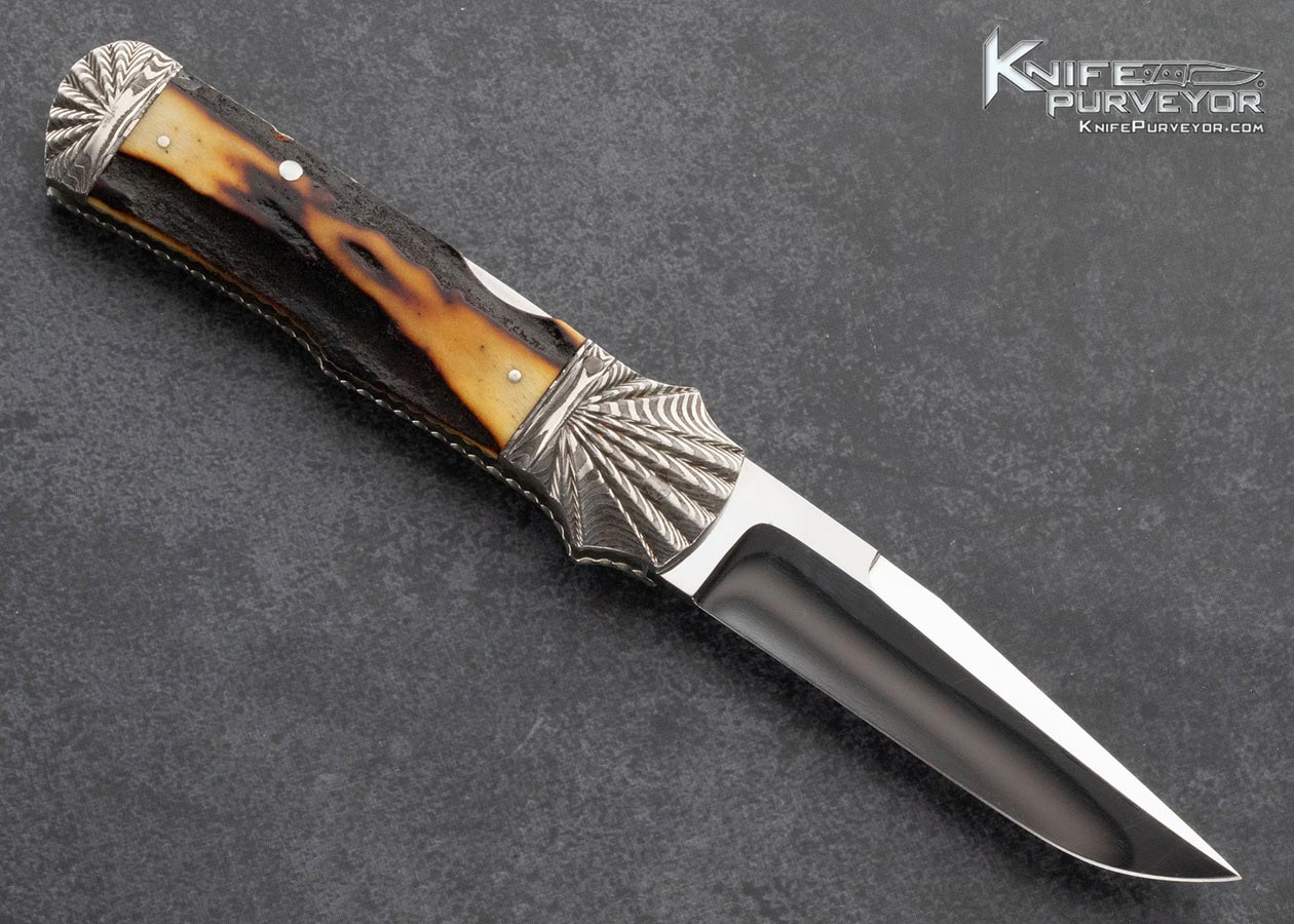 Ken Steigerwalt Custom Knife Scalloped Damascus and Amber Stag Front Lock - Image 3