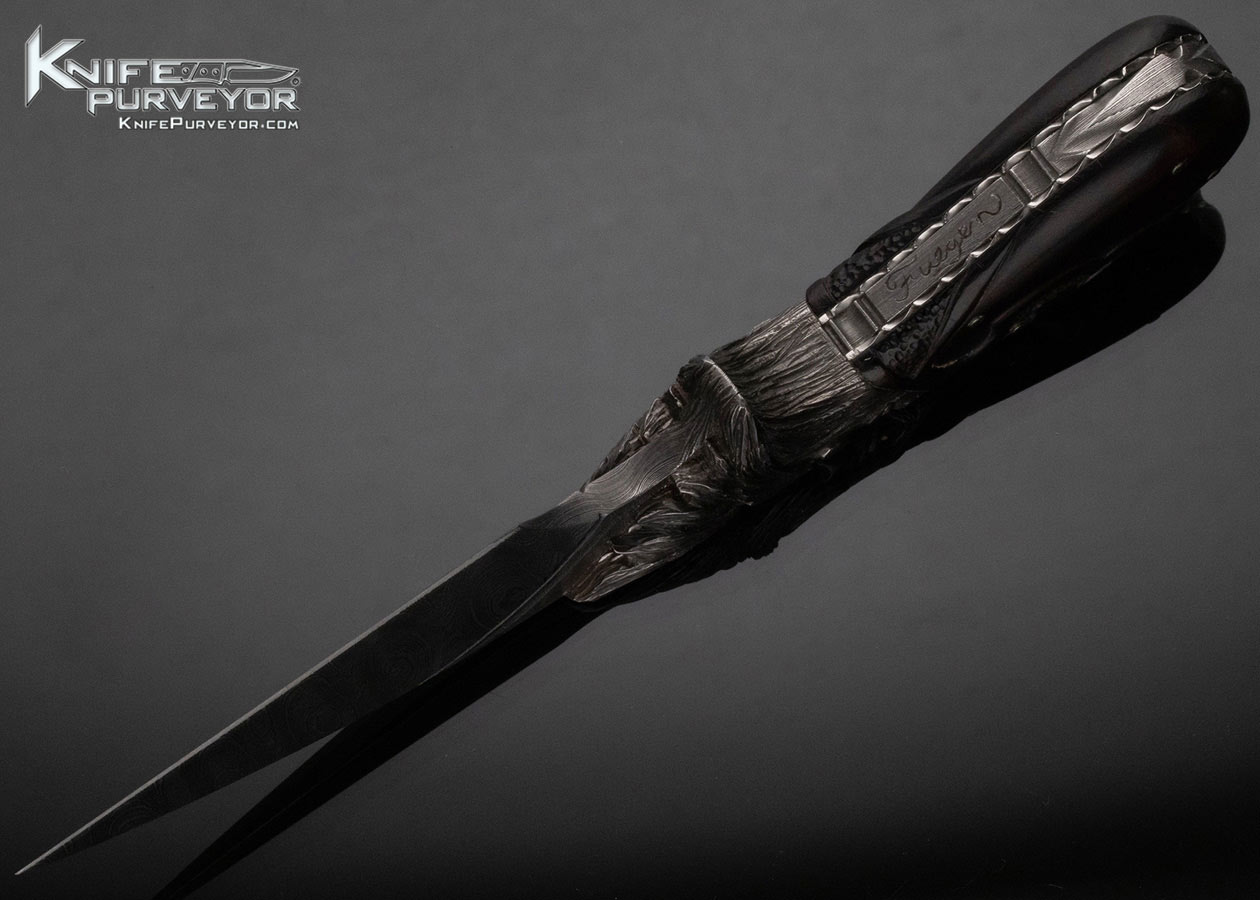 Larry Fuegen Custom Knife Damascus and Carved Buffalo Horn "Old Man" with Custom Sheath 15365