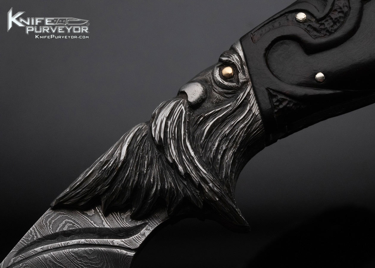 Larry Fuegen Custom Knife Damascus and Carved Buffalo Horn "Old Man" with Custom Sheath - Image 3