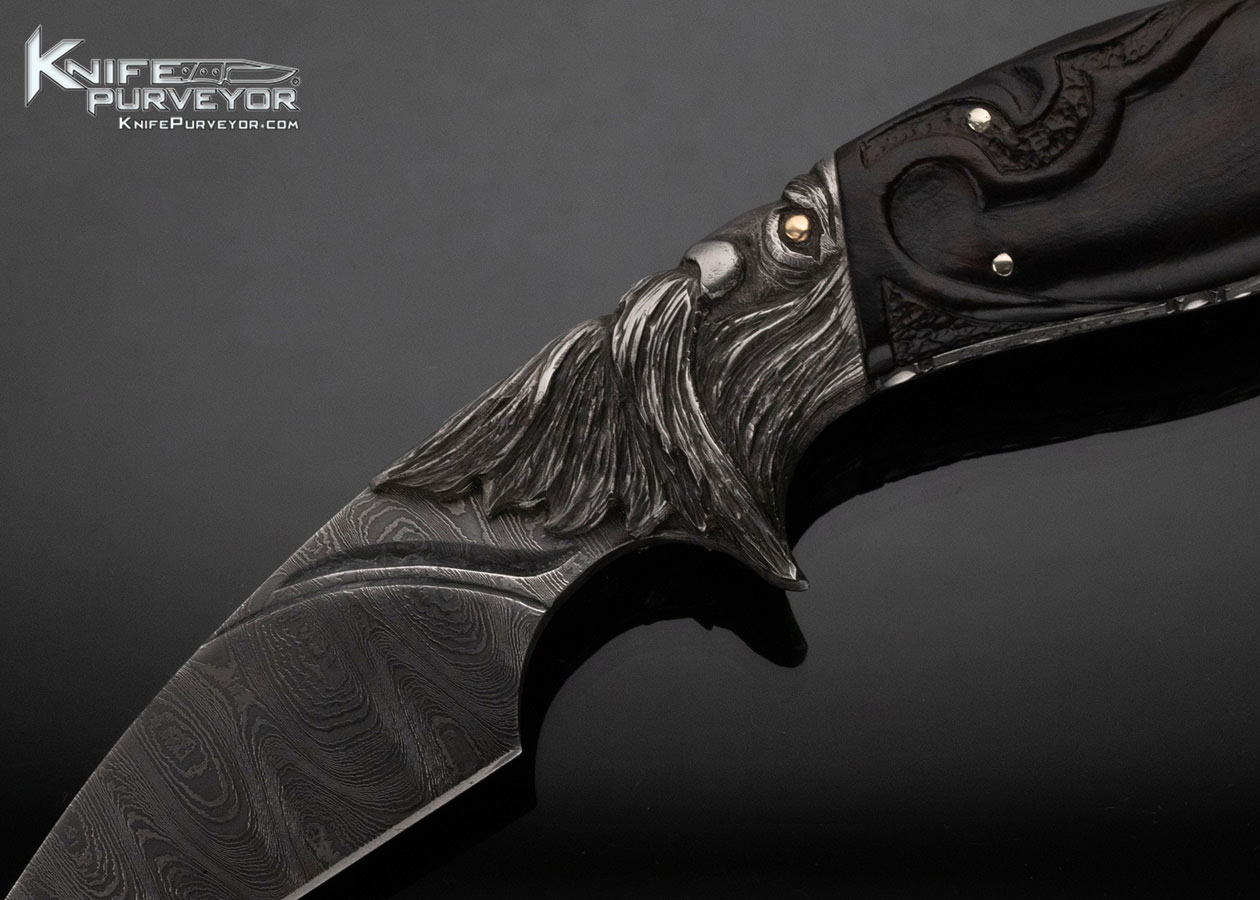 Larry Fuegen Custom Knife Damascus and Carved Buffalo Horn "Old Man" with Custom Sheath - Image 2