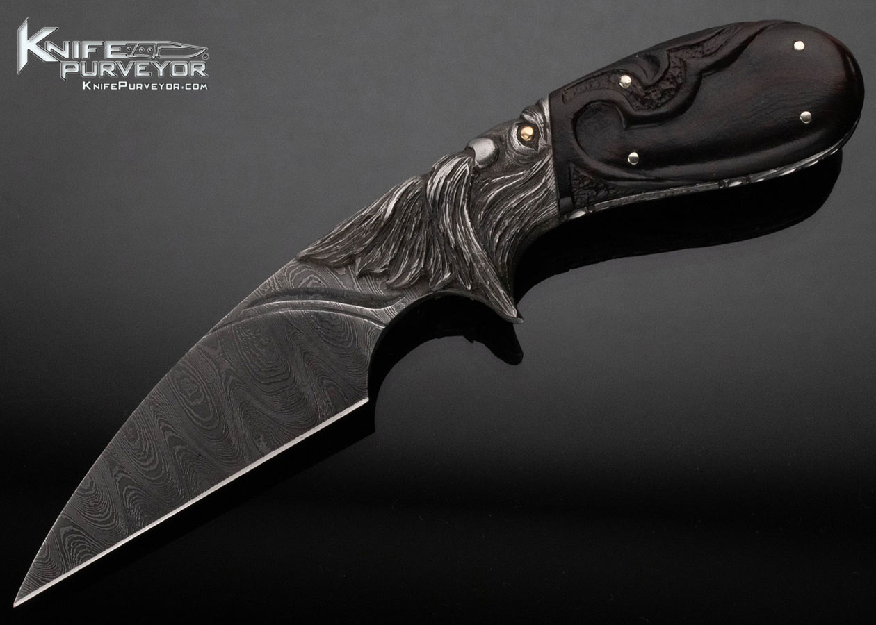 Larry Fuegen Custom Knife Damascus and Carved Buffalo Horn "Old Man" with Custom Sheath 15365