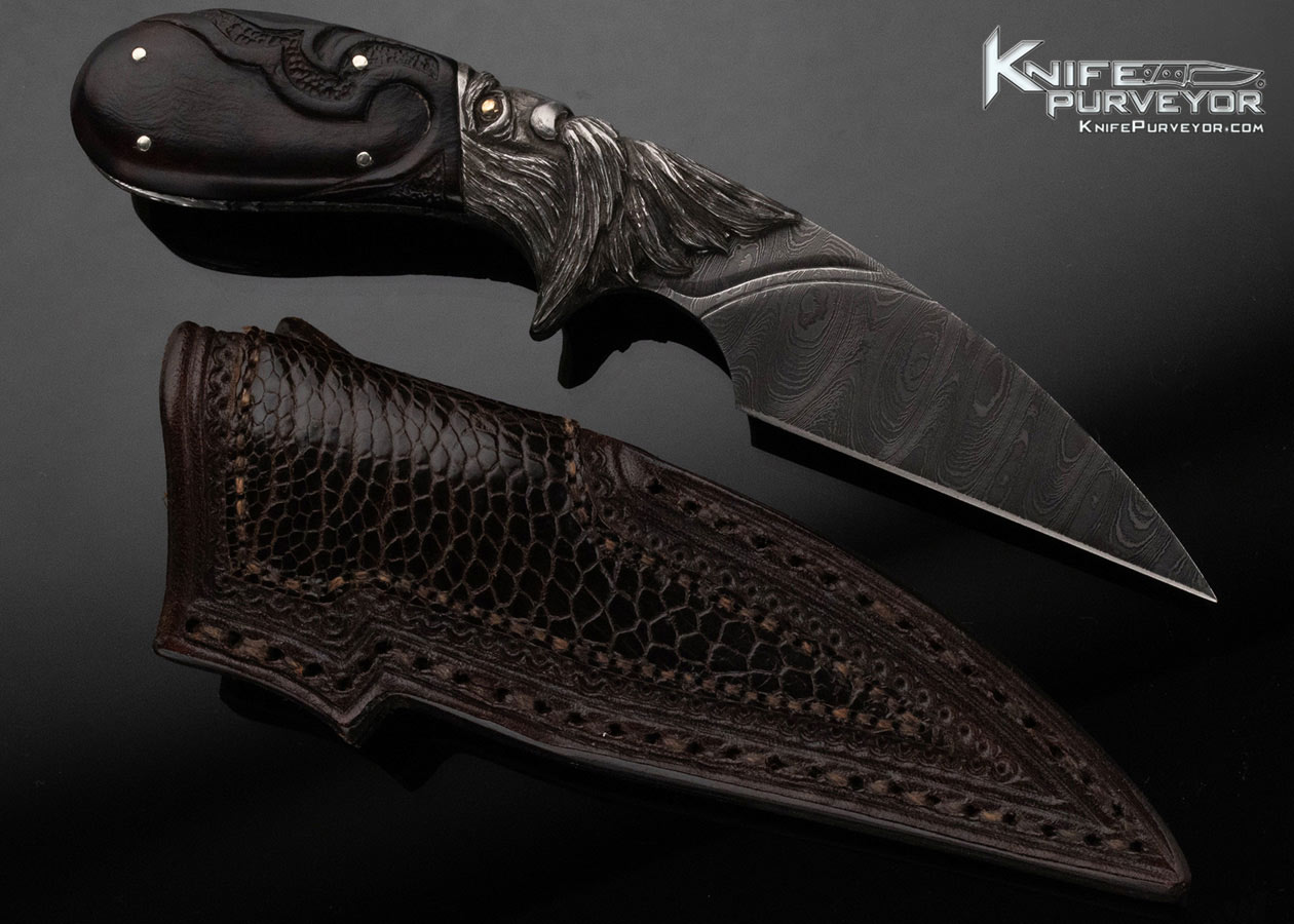 Larry Fuegen Custom Knife Damascus and Carved Buffalo Horn "Old Man" with Custom Sheath - Image 4