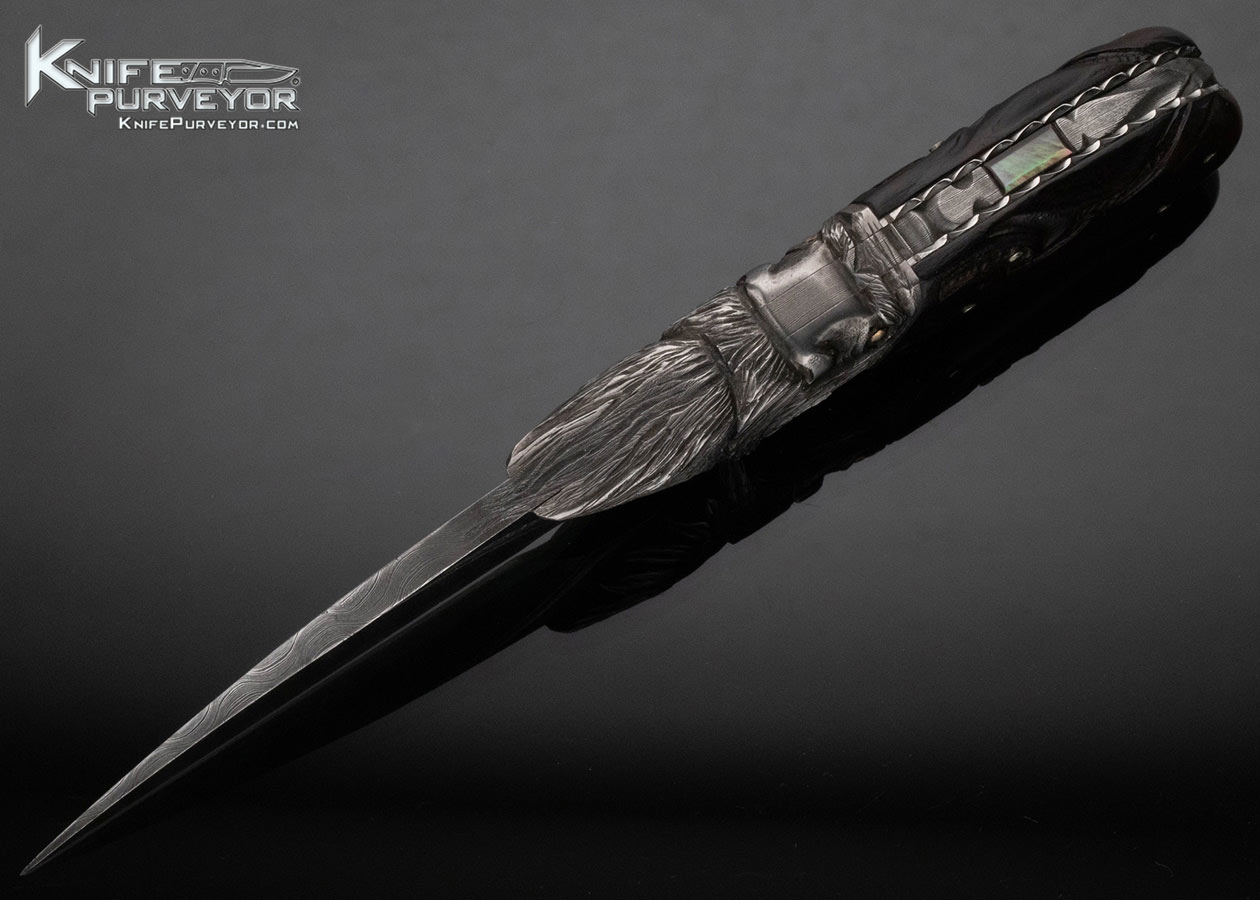 Larry Fuegen Custom Knife Damascus and Carved Buffalo Horn "Old Man" with Custom Sheath - Image 5
