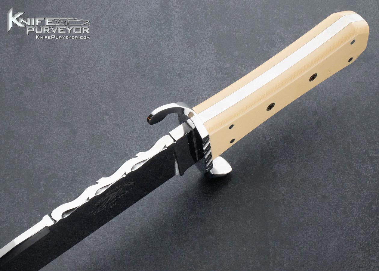 Rick "R Bare Bone" Smith Custom Knife Engraved Pins Model 322 Class S-Guard Coffin Bowie Carbon Micarta with Lefthanded Sheath - Image 5