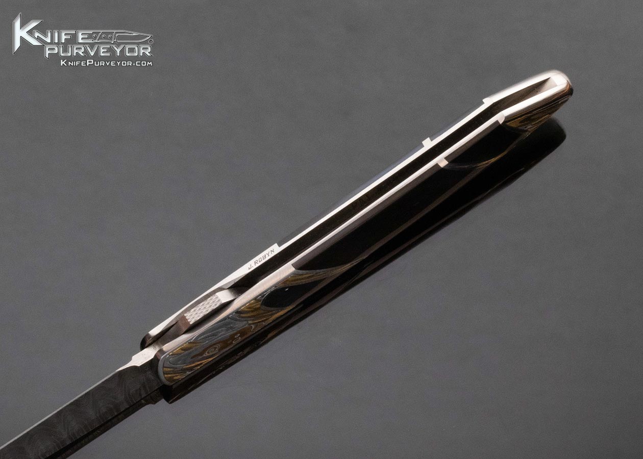 Scott Sawby Custom Knife Damascus and Black Lip Tahitian Pearl Shell "Skimmer" Self Lock "Salmon Running" Engraved by Jon Robyn - Image 5
