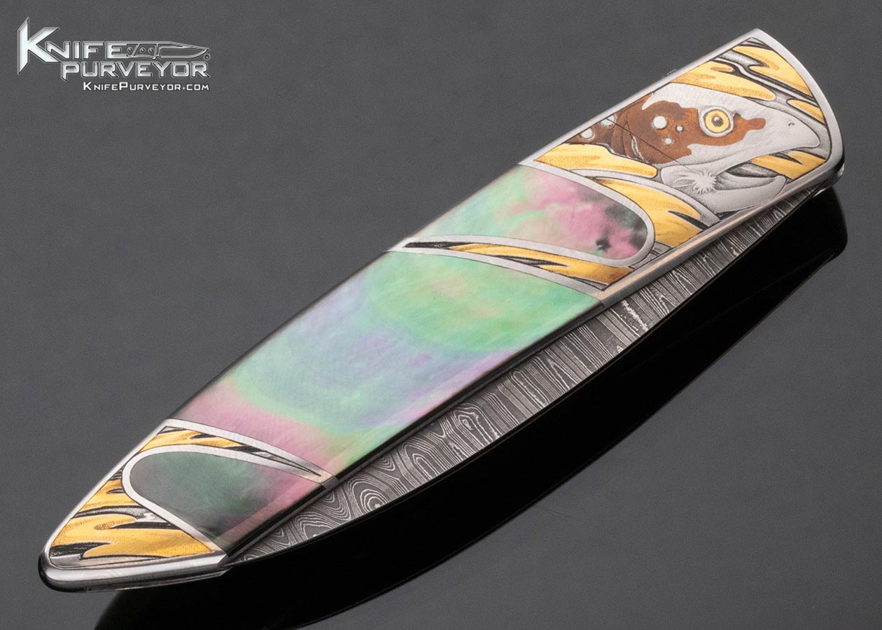 Scott Sawby Custom Knife Damascus and Black Lip Tahitian Pearl Shell "Skimmer" Self Lock "Salmon Running" Engraved by Jon Robyn - Image 4