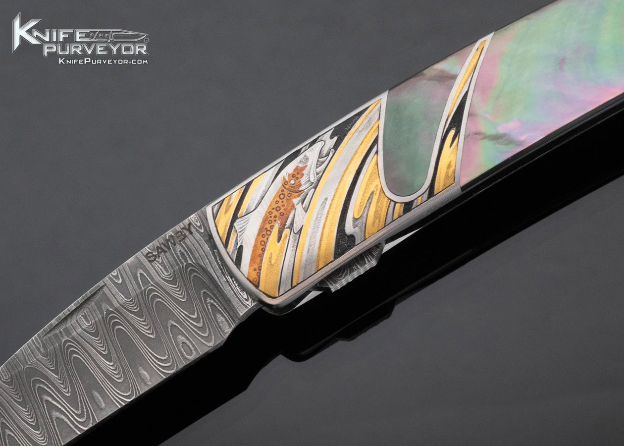 Scott-Sawby-Custom-Knife-Damascus-Black-Lip-Tahitian-Pearl-Skimmer-Self-Lock-Fishing-Engraved-by-Jon-Robyn-15457
