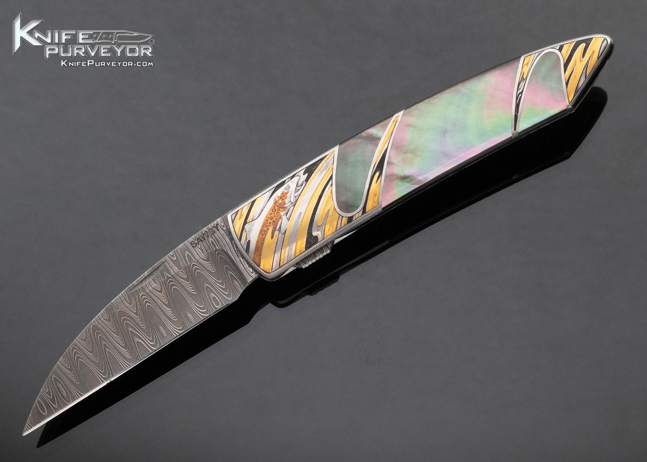 Scott-Sawby-Custom-Knife-Damascus-Black-Lip-Tahitian-Pearl-Skimmer-Self-Lock-Fishing-Engraved-by-Jon-Robyn-15457