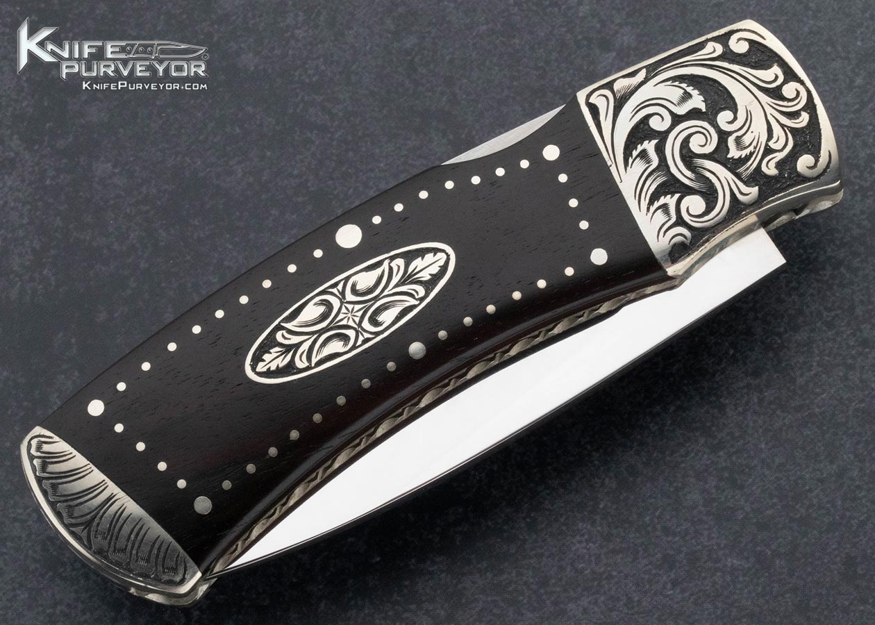 Harvey McBurnette Custom Knife Sole Authorship Engraved Desert Ironwood with Pins and Escutcheon Front Lock - Image 4