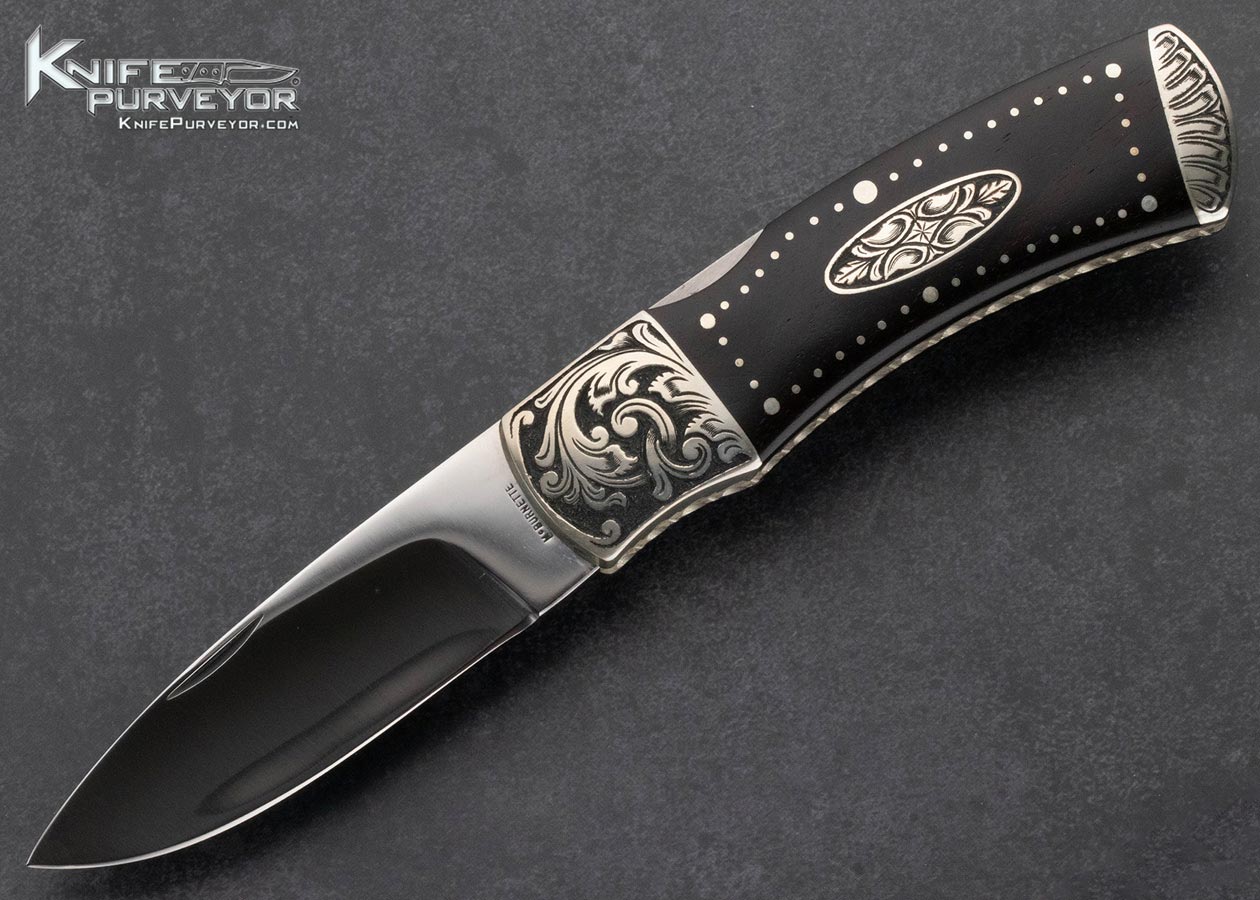 Harvey McBurnette Custom Knife Sole Authorship Engraved Desert Ironwood with Pins and Escutcheon Front Lock 15485