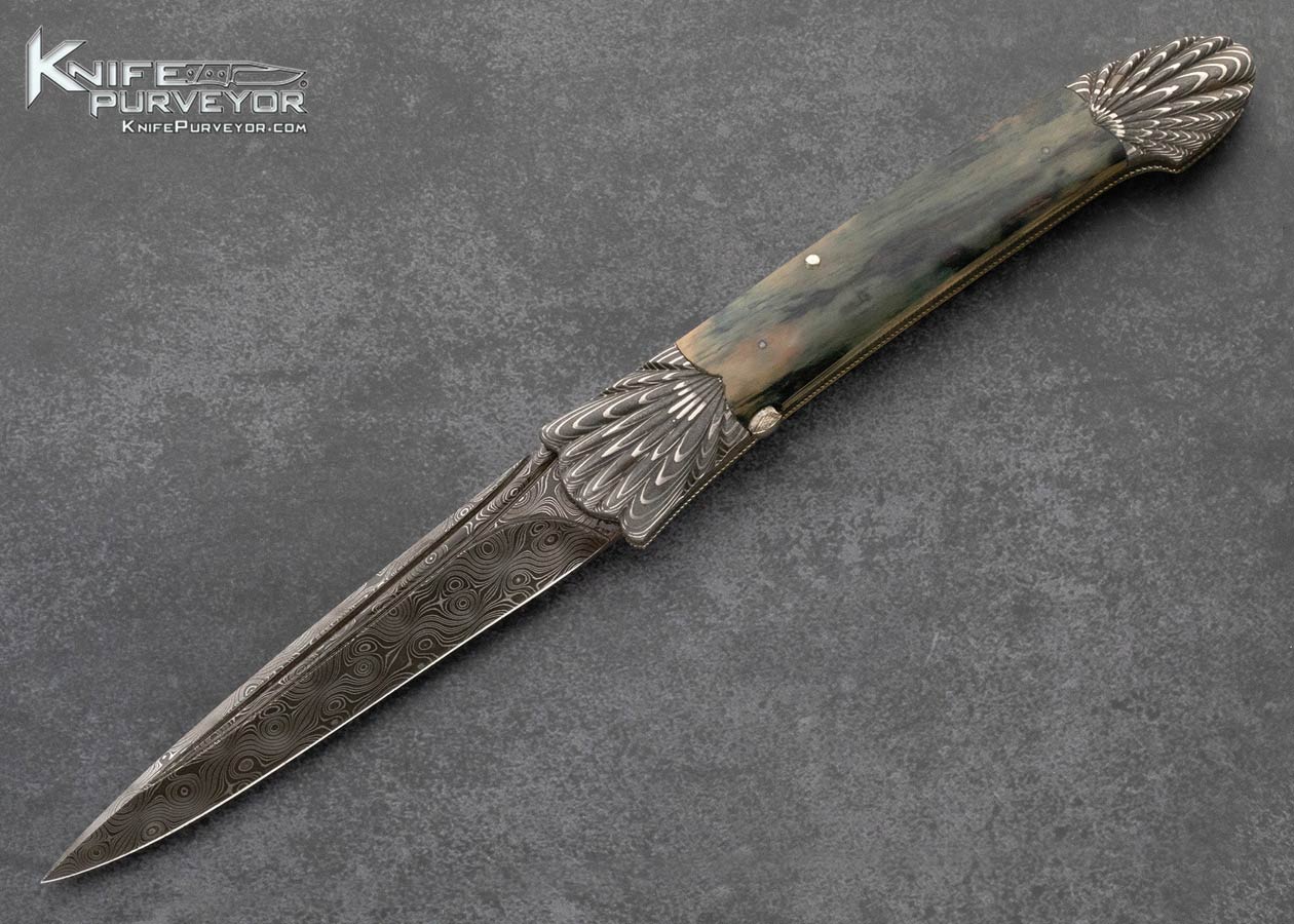 Ken Steigerwalt Custom Knife Fluted Damascus and Green Mammoth Tab Release Automatic 17287