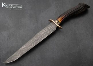 Mike Whiskers Allen Custom Knife Sole Authorship Damascus, Mokume and Amber Stag Bowie with Custom Display Stand 15582
