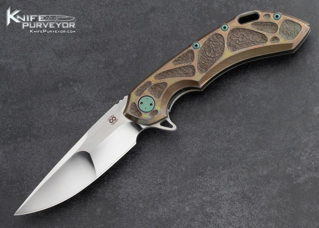 Olamic-Cutlery-Custom-Knife-Handcarved-and-Anodized-Titanium-Wayfarer-Framelock-Flipper-