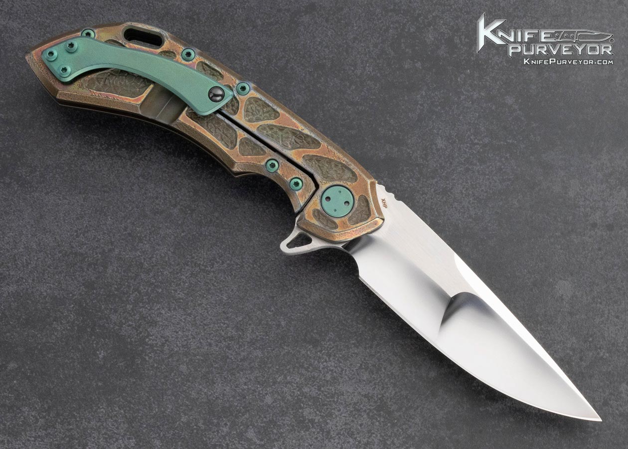 Olamic-Cutlery-Custom-Knife-Handcarved-and-Anodized-Titanium-Wayfarer-Framelock-Flipper-