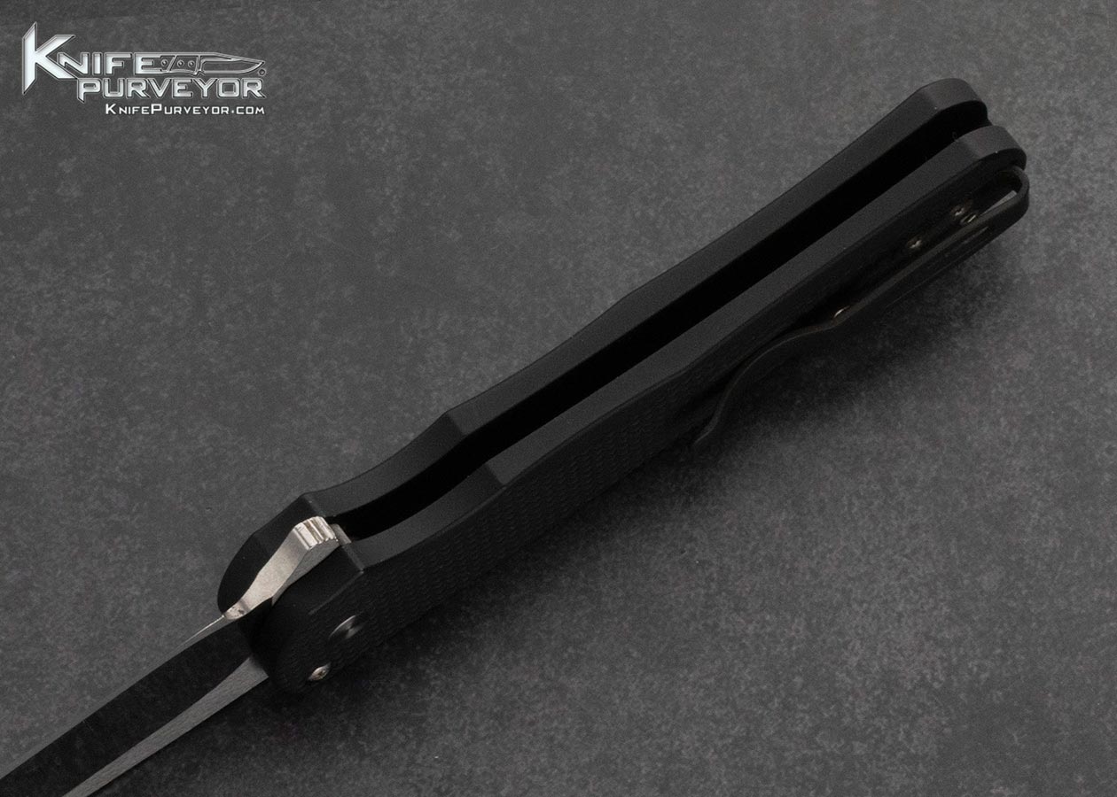 Protech Knives Custom Knife Black Textured Aluminum Malibu Black Lip Pearl Inlaid Button Lock Flipper 16006
