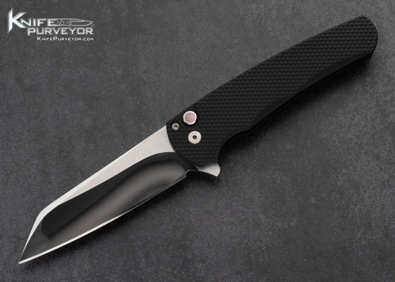 Protech Knives Custom Knife Black Textured Aluminum Malibu Black Lip Pearl Inlaid Button Lock Flipper 16006