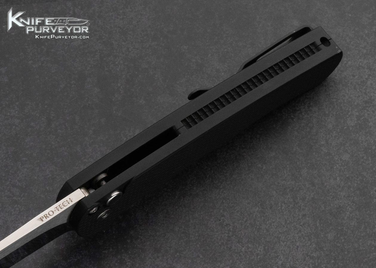 Protech Knives Custom Knife Black Textured Aluminum Malibu Black Lip Pearl Inlaid Button Lock Flipper - Image 5