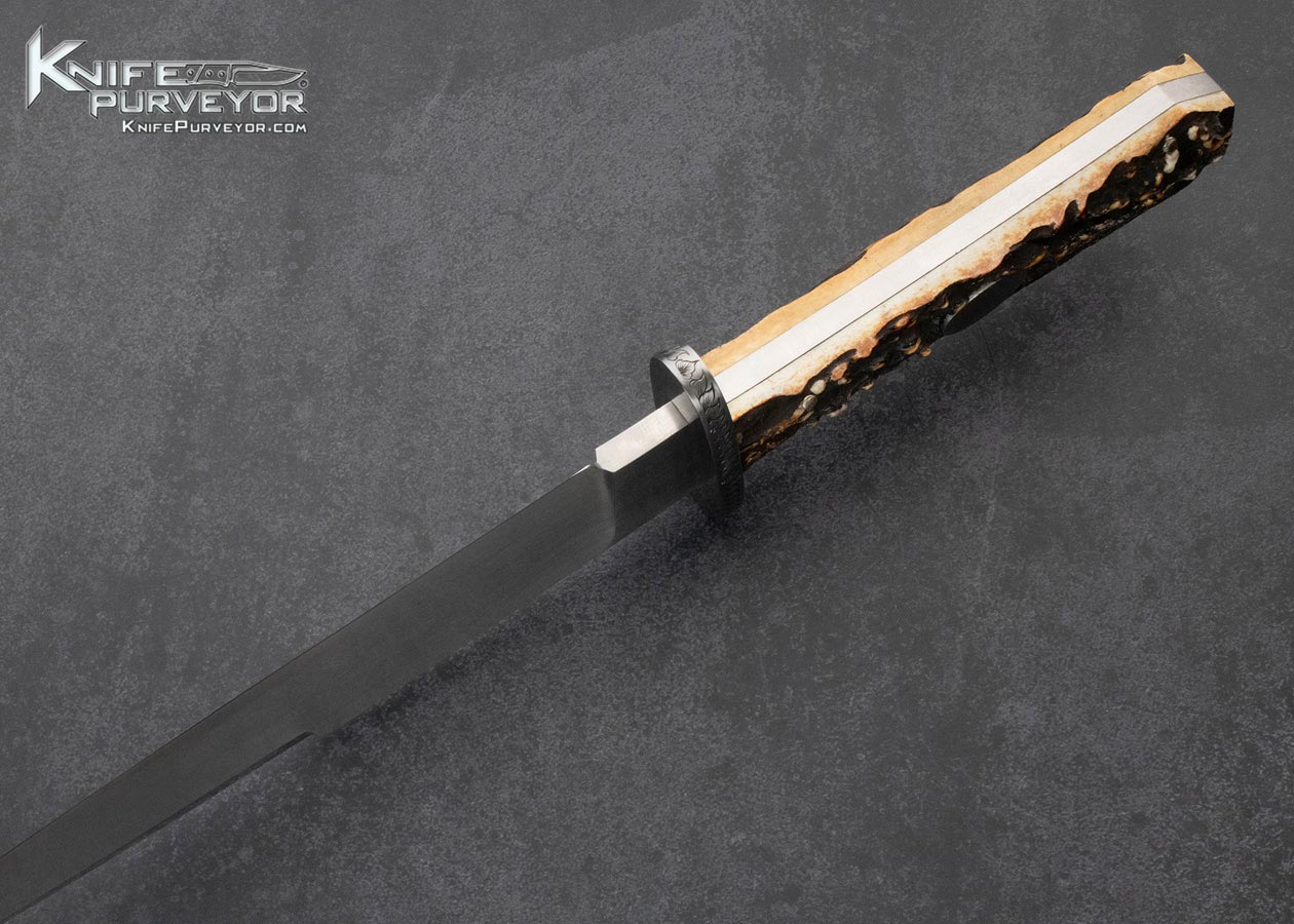 Ron Frazier Custom Knife Sole Authorship Engraved Stag Bowie with Civil War Relics Display Stand 15583