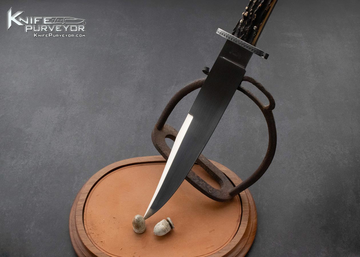 Ron Frazier Custom Knife Sole Authorship Engraved Stag Bowie with Civil War Relics Display Stand - Image 6