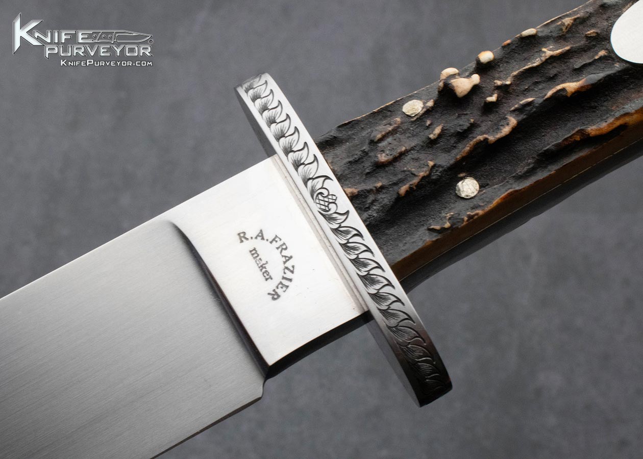 Ron Frazier Custom Knife Sole Authorship Engraved Stag Bowie with Civil War Relics Display Stand - Image 2