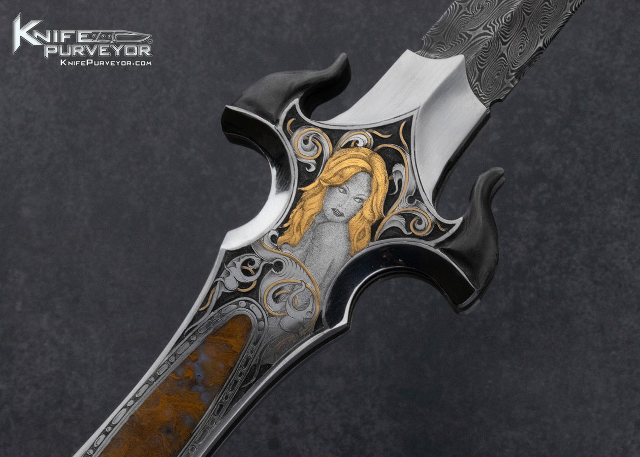 Shaun and Sharla Hansen Custom Knife Sole Authorship and Damascus and Engraved Automatic Linerlock - Image 5