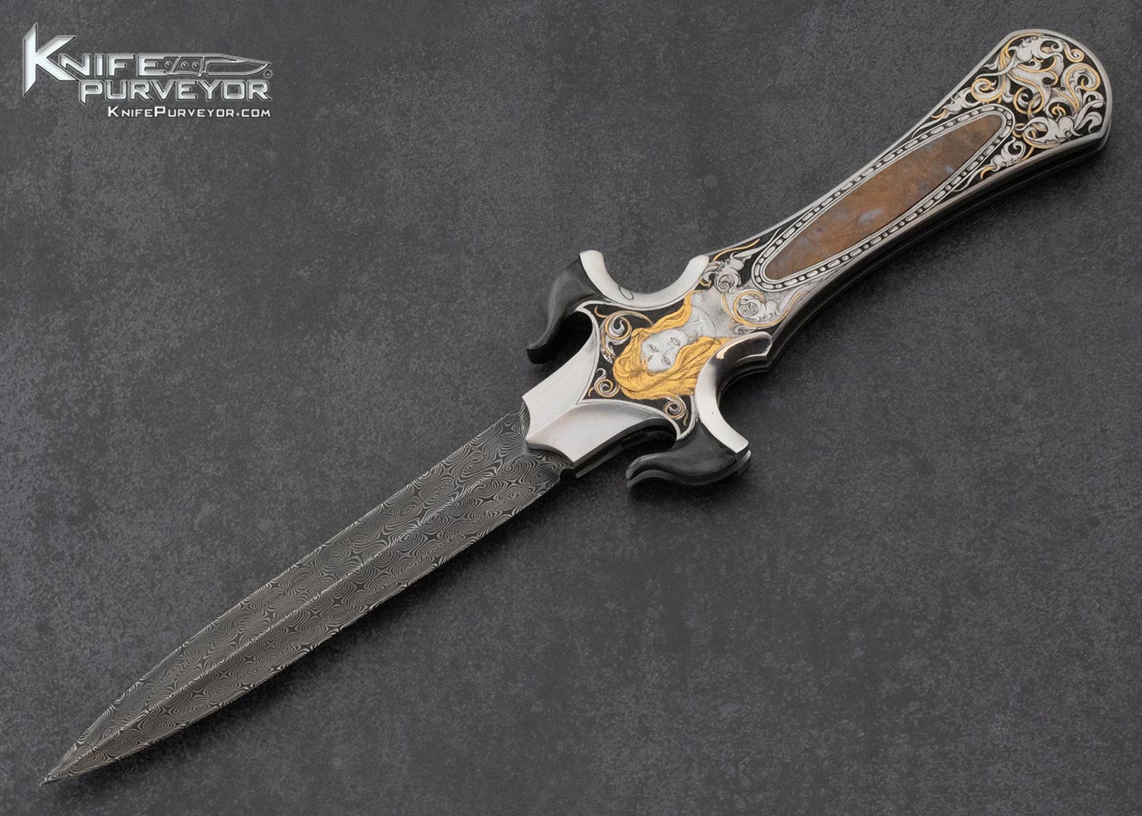 Shaun and Sharla Hansen Custom Knife Sole Authorship and Damascus and Engraved Automatic Linerlock 15592