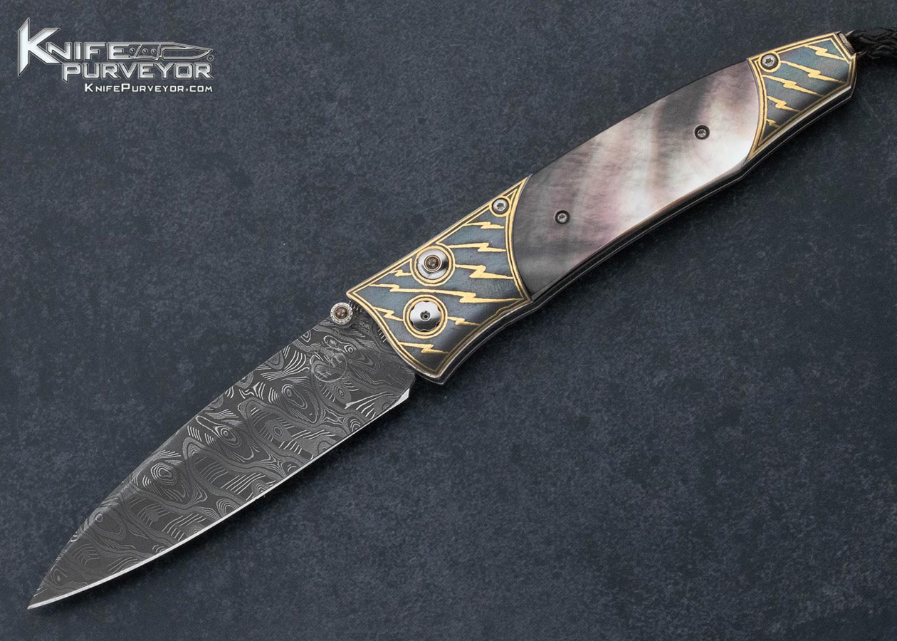 William Henry Custom Knife Gentac B30 Koftgari 24Kt Gold Inlaid "Bolt" Black Lip Pearl and Mike Norris Damascus Buttonlock 15560