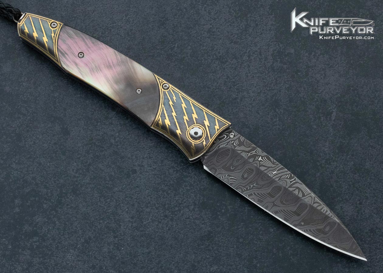 William Henry Custom Knife Gentac B30 Koftgari 24Kt Gold Inlaid "Bolt" Black Lip Pearl and Mike Norris Damascus Buttonlock - Image 3