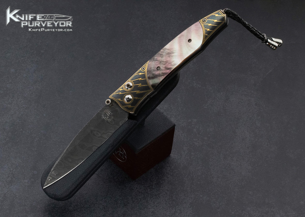 William Henry Custom Knife Gentac B30 Koftgari 24Kt Gold Inlaid "Bolt" Black Lip Pearl and Mike Norris Damascus Buttonlock - Image 5