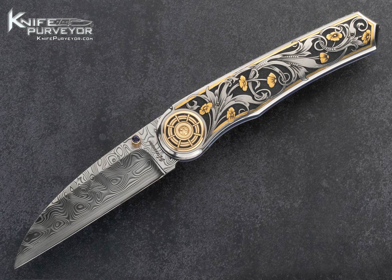 Howard-Hitchmough-Custom-Knife-Damasteel-Linerlock-Engraved-by-Tim-George-with-24Kt-Gold-Inlays-