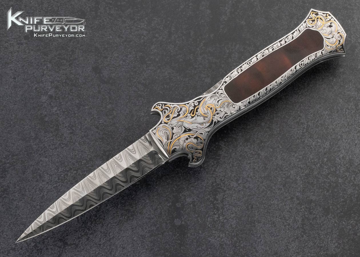 Joe-Kious-Custom-Mike-Norris-Stainless-Damascus-Amber-Interframe-Automatic-Front-Lock-Engraved-Lucie-Bandikova-24Kt-Gold-Inlay-