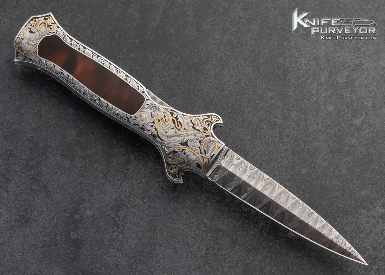 Joe-Kious-Custom-Mike-Norris-Stainless-Damascus-Amber-Interframe-Automatic-Front-Lock-Engraved-Lucie-Bandikova-24Kt-Gold-Inlay-