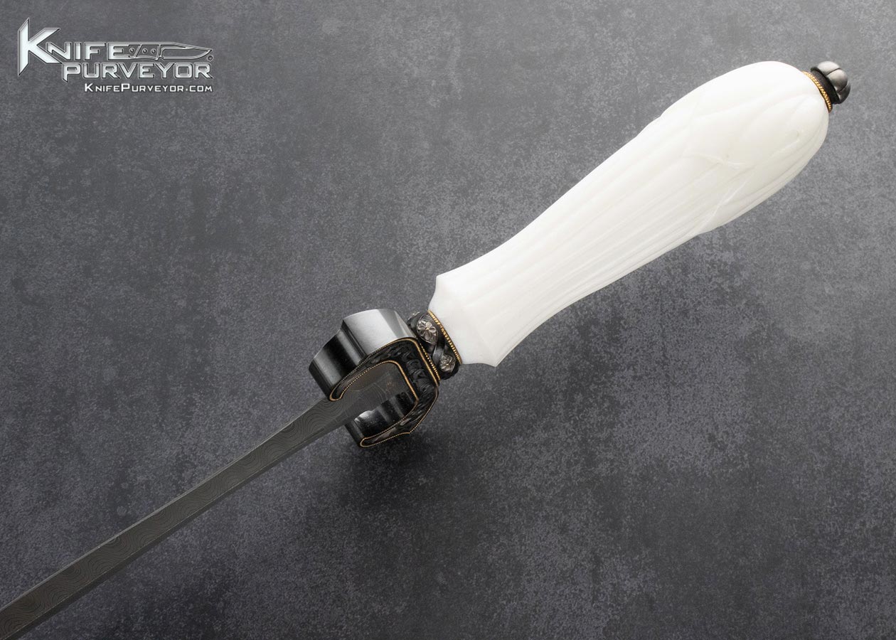 Julie-Warenski-Craved-White-Marble-Stainless-Steel-Damascus-Art-Dagger-Sole-Authorship-Engraved-24Kt-Gold-Inlaid-Blued-Guard-