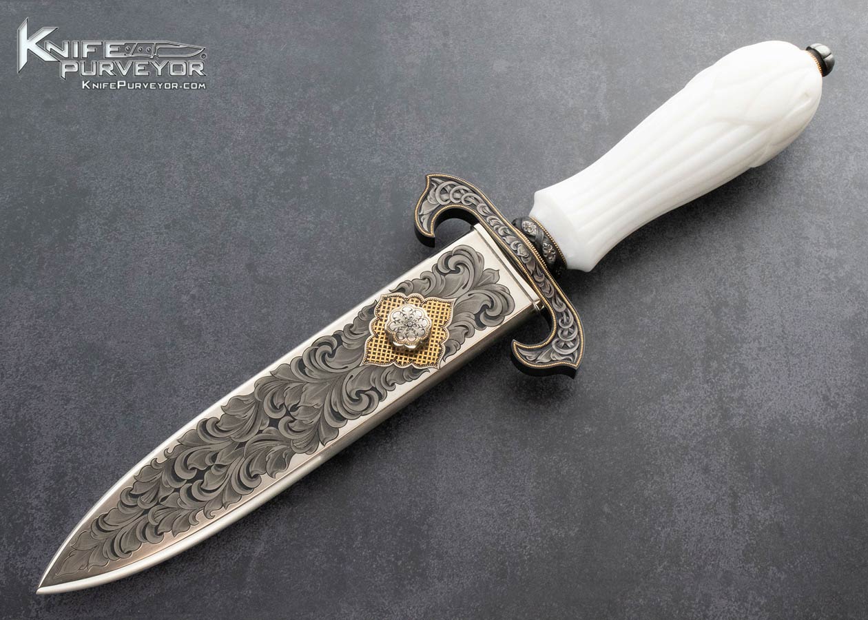 Julie-Warenski-Craved-White-Marble-Stainless-Steel-Damascus-Art-Dagger-Sole-Authorship-Engraved-24Kt-Gold-Inlaid-Blued-Guard-