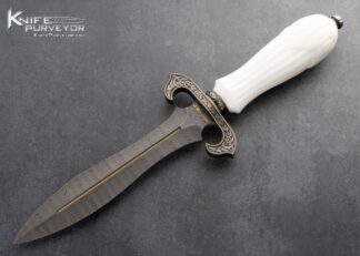 Julie-Warenski-Craved-White-Marble-Stainless-Steel-Damascus-Art-Dagger-Sole-Authorship-Engraved-24Kt-Gold-Inlaid-Blued-Guard-