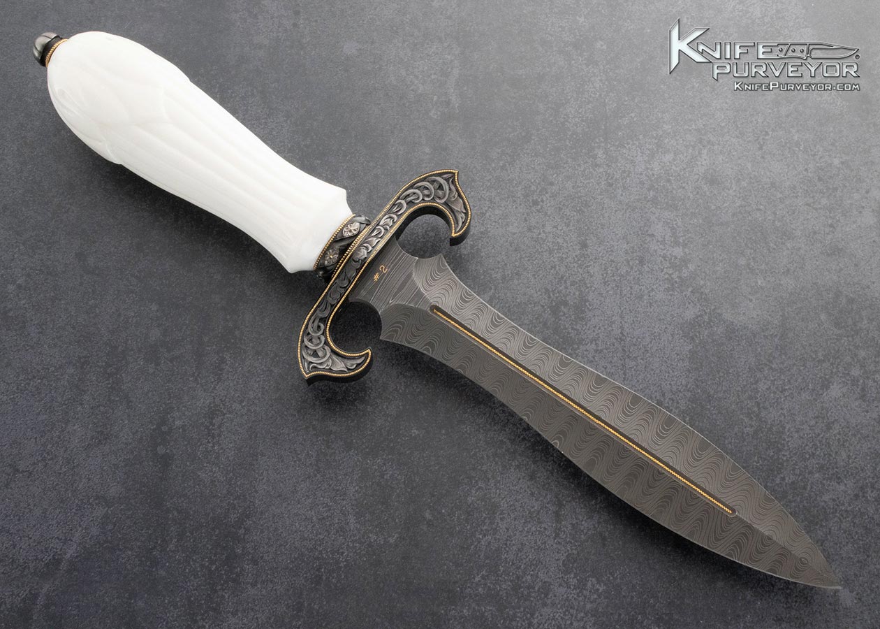 Julie-Warenski-Craved-White-Marble-Stainless-Steel-Damascus-Art-Dagger-Sole-Authorship-Engraved-24Kt-Gold-Inlaid-Blued-Guard-