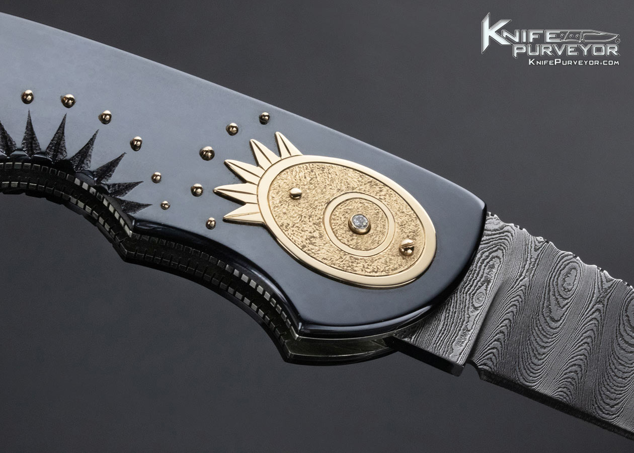 Dellana Custom Knife 2001 AKI "Eclipse" Blued Steel with 14Kt Gold and Diamonds Lockback - Image 5