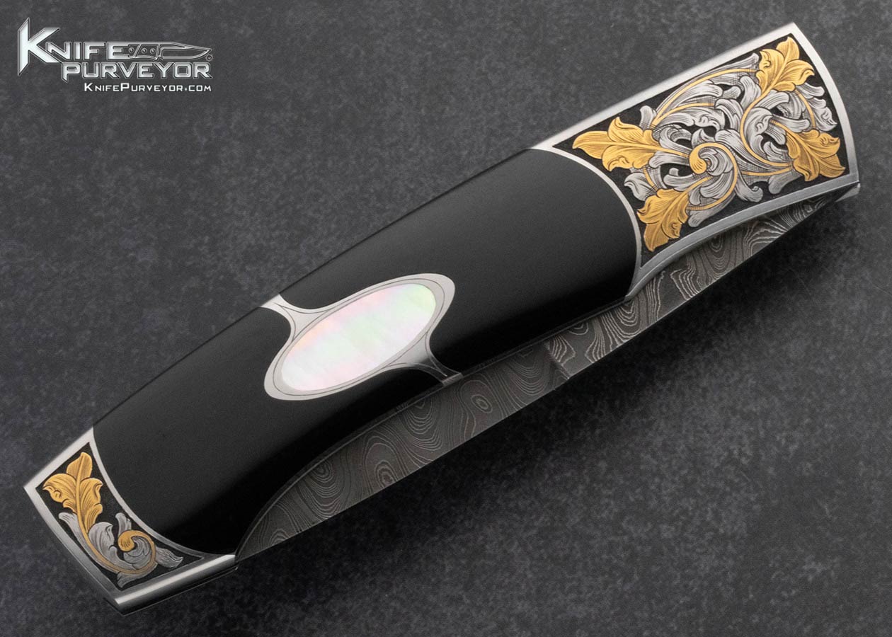 Scott-Sawby-Custom-Knife-Damascus-and-Black-Edwards-Jade-Kittiwake-Selflock-Engraved-by-Joe-Mason-with-24Kt-Gold-Inlays-