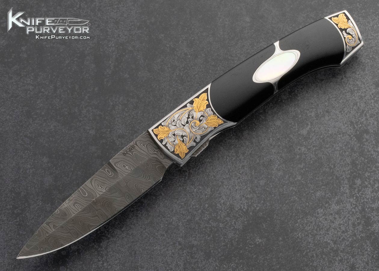 Scott-Sawby-Custom-Knife-Damascus-and-Black-Edwards-Jade-Kittiwake-Selflock-Engraved-by-Joe-Mason-with-24Kt-Gold-Inlays-