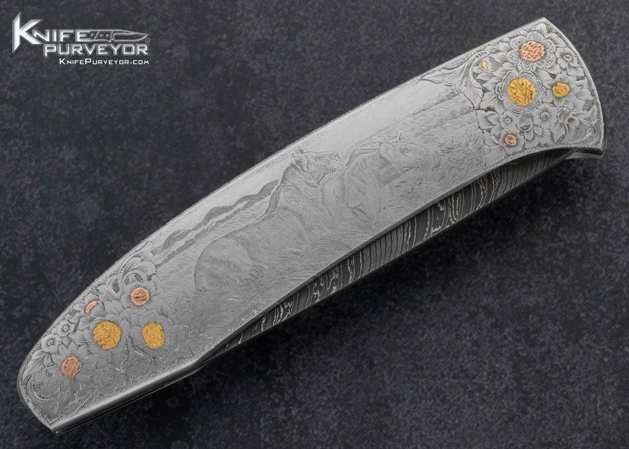 Scott-Sawby-Custom-Knife-Lorenzo-Gamba-Engraved-Damascus-Tern-Selflock-with-24Kt-Gold-Inlays-
