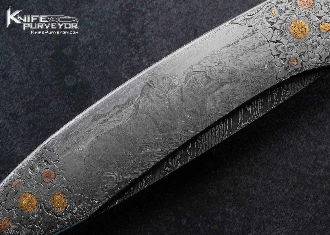 Scott-Sawby-Custom-Knife-Lorenzo-Gamba-Engraved-Damascus-Tern-Selflock-with-24Kt-Gold-Inlays-