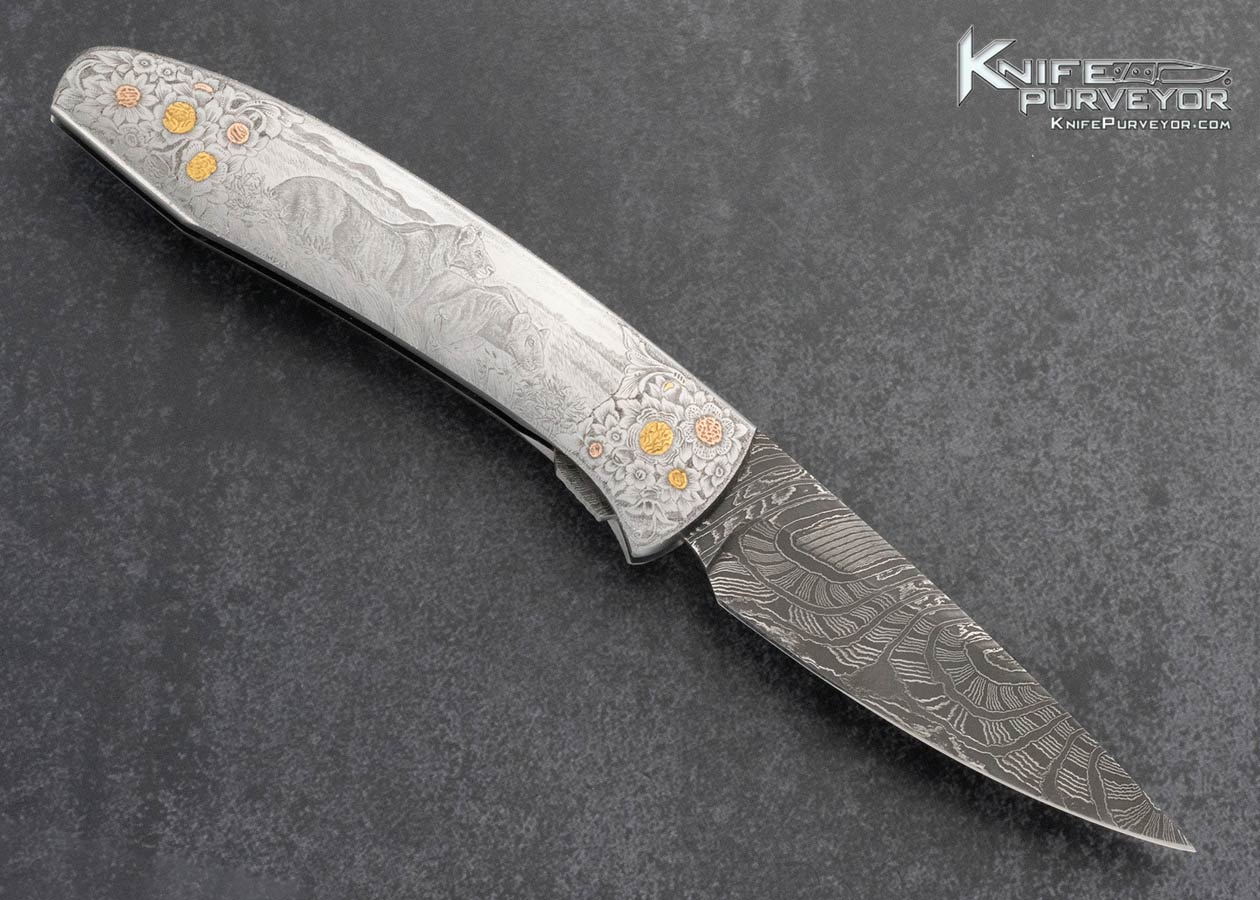 Scott-Sawby-Custom-Knife-Lorenzo-Gamba-Engraved-Damascus-Tern-Selflock-with-24Kt-Gold-Inlays-