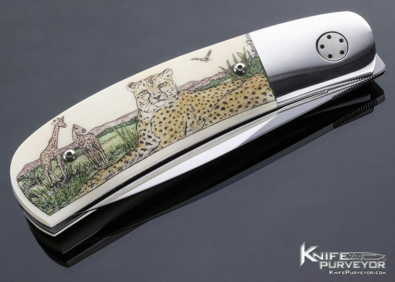 George Muller Custom Knife Mammoth Liner Lock Scrimshawed by Linda Karst Stone - Image 5