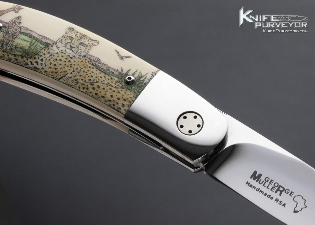 George Muller Custom Knife Mammoth Liner Lock Scrimshawed by Linda Karst Stone - Image 2