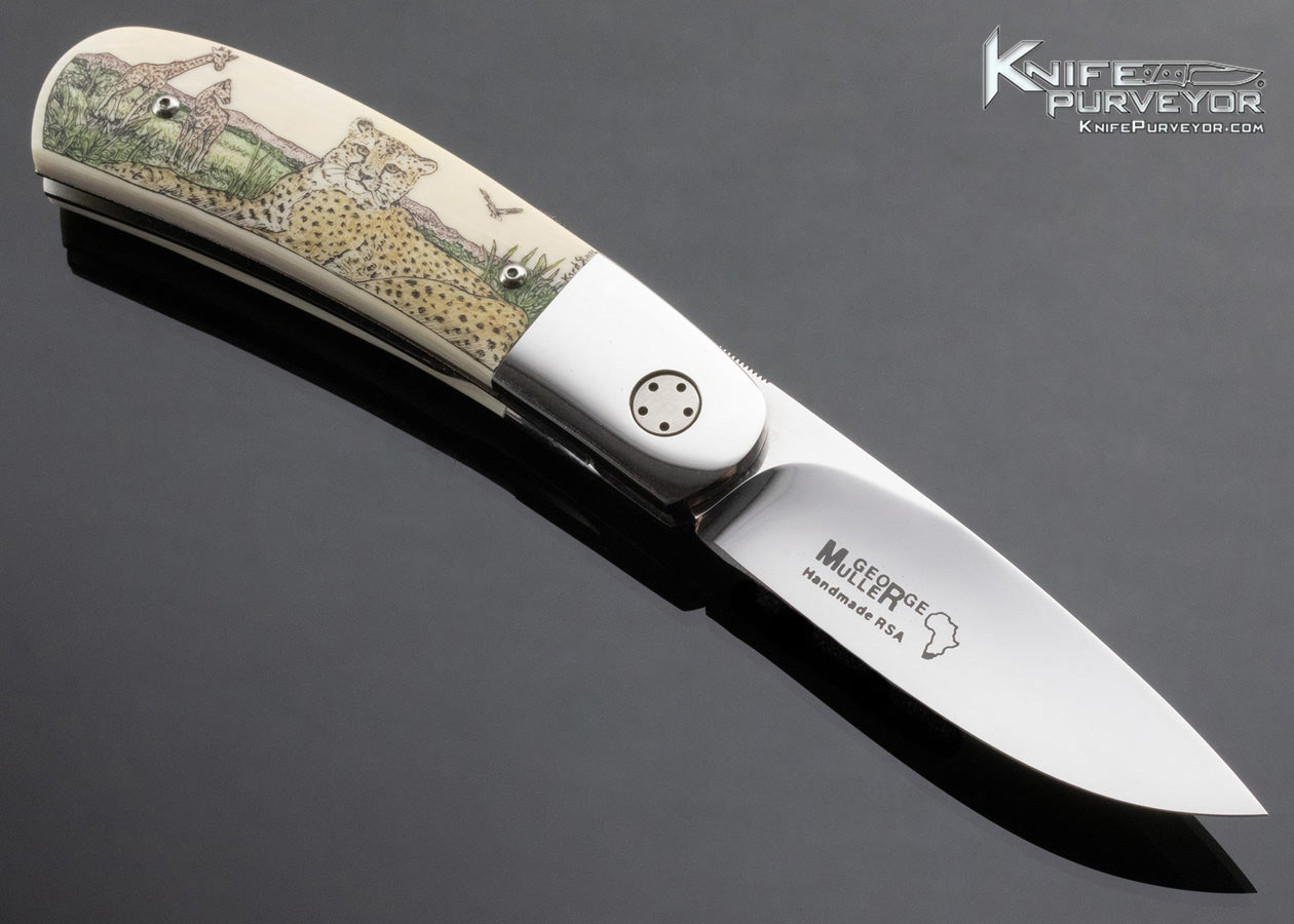 George Muller Custom Knife Mammoth Liner Lock Scrimshawed by Linda Karst Stone 3968